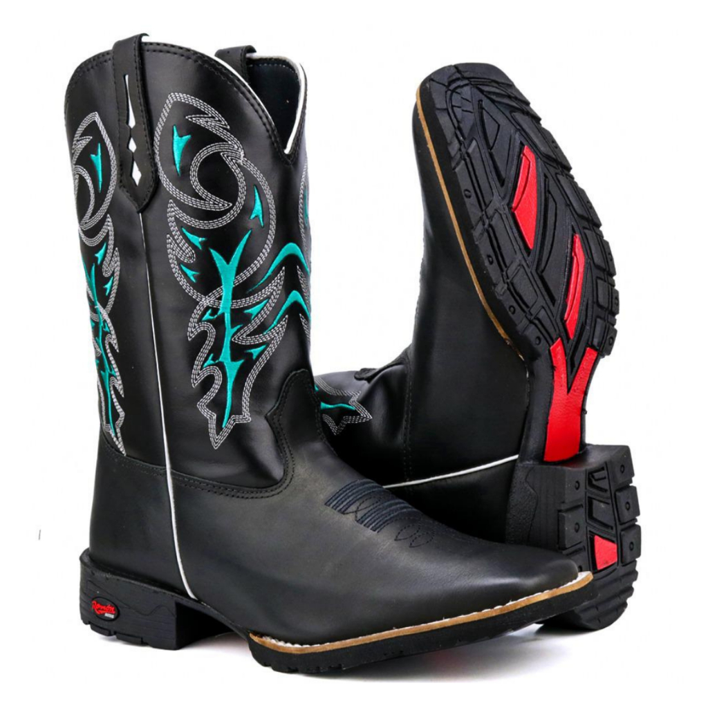 Texana em Couro Legítimo Preto com Bordado Turquesa Estilo Atrevido, Conforto Premium e Durabilidade