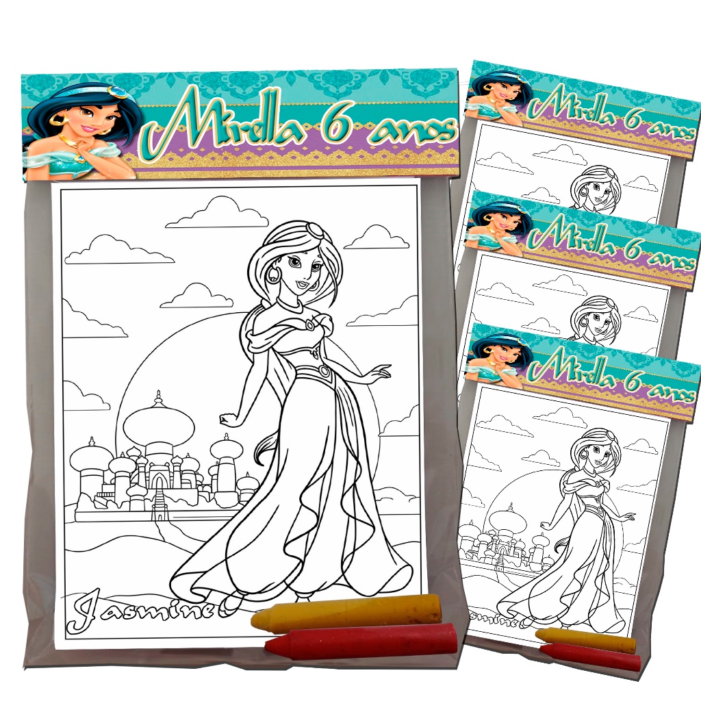 Kit's para colorir Personalizado Festa Infantil Jasmine Princesa. Lembrancinhas.