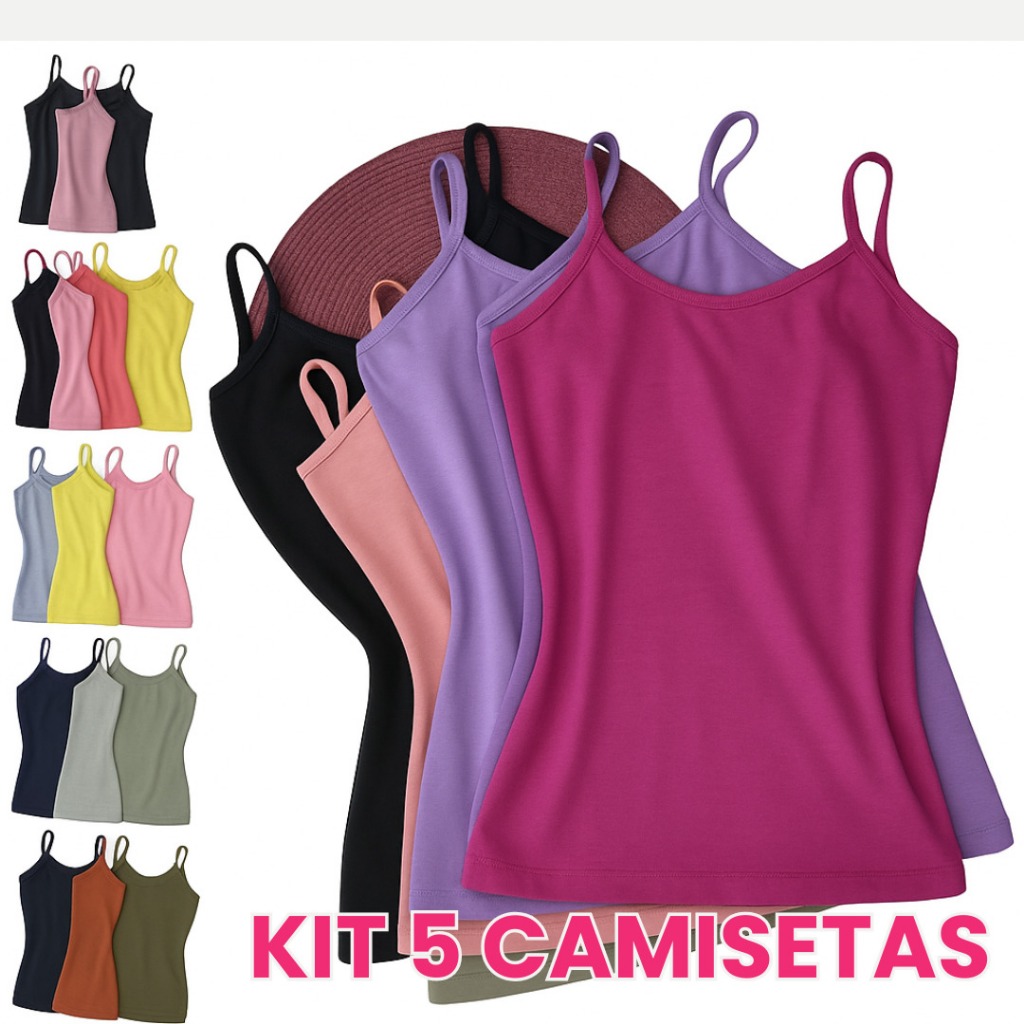 KIT COM 5 PEÇAS BLUSA ALCINHA REGATA EM MALHA SUEDE  CORES SORTIDAS