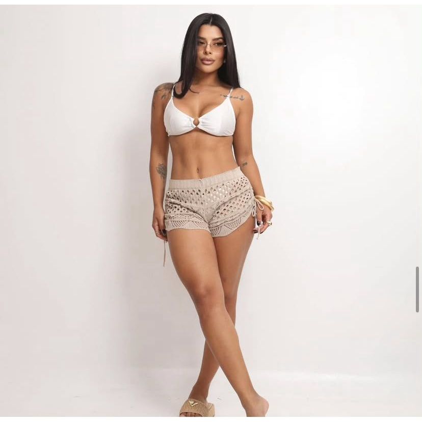 Shorts Saída de Praia Feminino  Tricot Cos Alto Cordão Transpassado Moda Verão