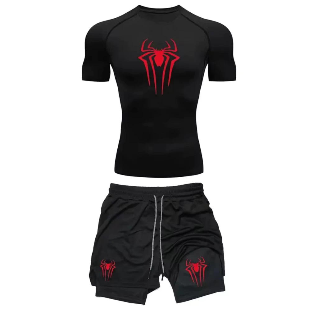 Kit Camiseta de Compressão Fit + Short Bermuda Academia Gym Spider Homem Aranha Treino Dry-fit UV+