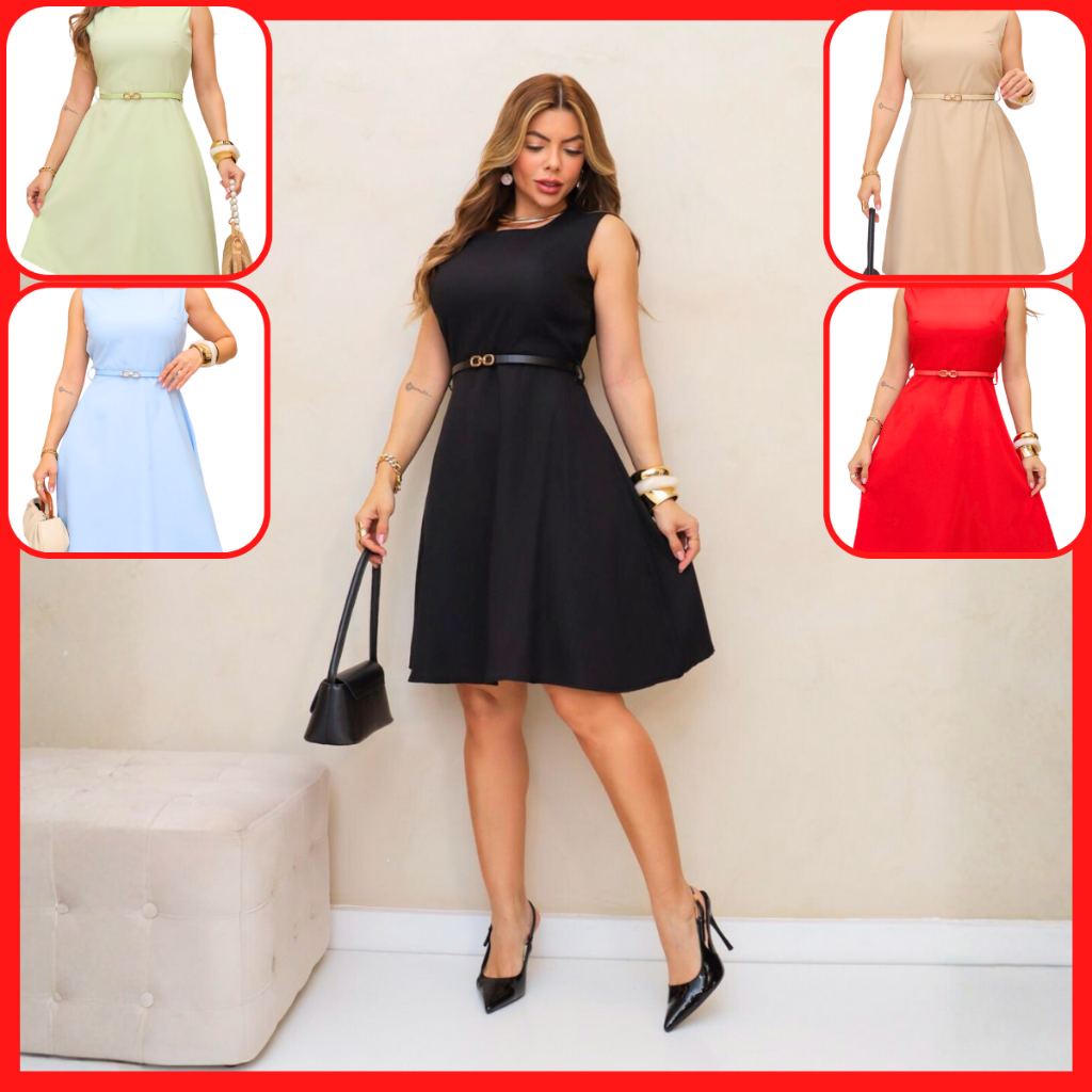 Vestido Curto Feminino de Festa Soltinho Rodado Acinturado Elegante Verão com Cinto Linho Leve W637