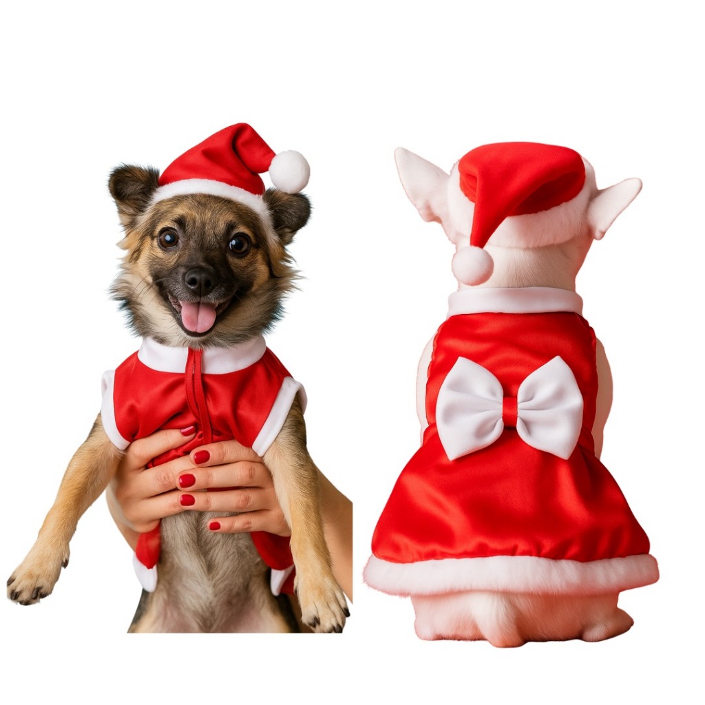 Vestido Mamãe Noel com Gorro, Vestidinho Fêmea para Pet de Natal