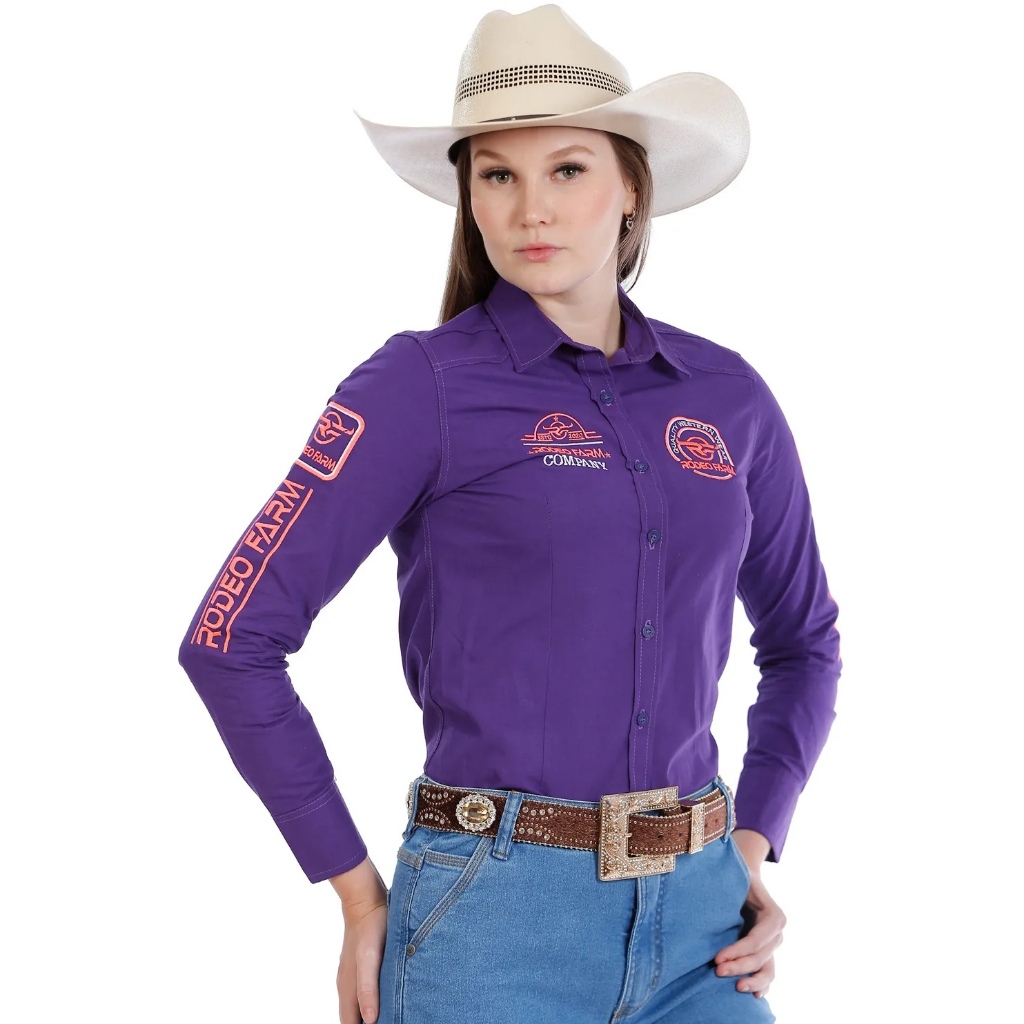 Camisete Country Manga Longa Roxa Bordada - Rodeo Farm