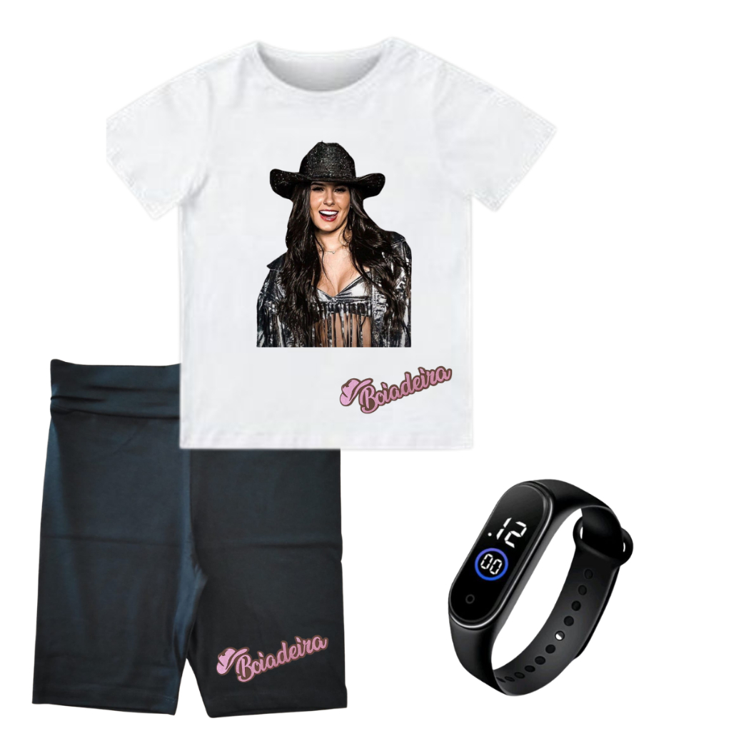 Camiseta Feminina + short cotton + relogio Infantil Ana Castela Boiadeira Blusa Sertanejo Gola Redonda Meninas