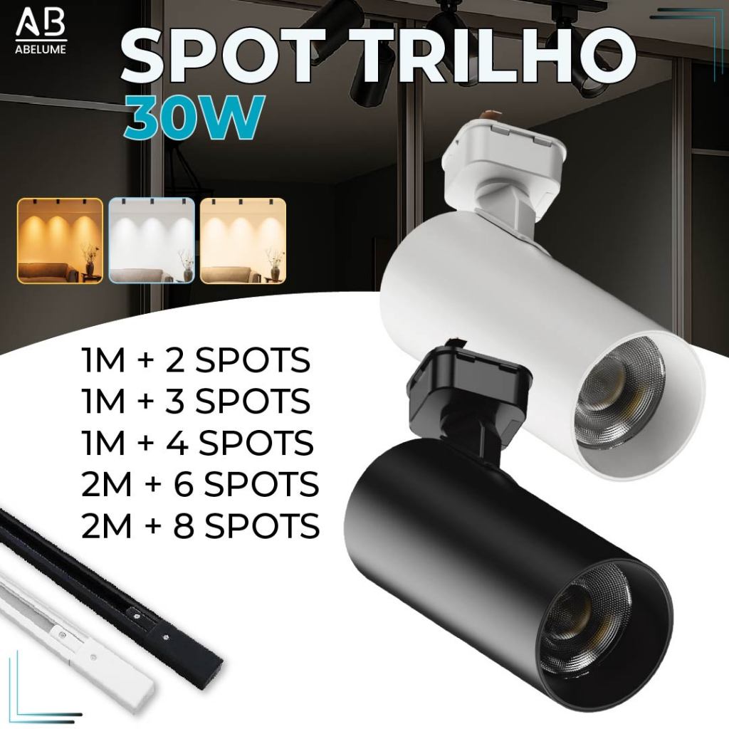 Trilho Spot LED para trilho eletrificado + Trilho + Conector Preto ou Branco 30W 360° Luz Fria, Neutra e Quente Bivolt em Oferta na Shopee