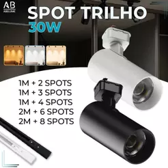 Trilho Spot LED para trilho eletrificado + Trilho + Conector Preto ou Branco 30W 360° Luz Fria, Neutra e Quente Bivolt