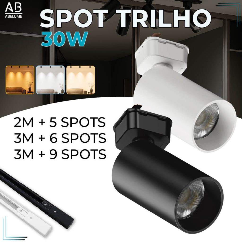 Trilho Spot LED para trilho eletrificado + Trilho + Conector Branco ou Preto 30W 360° Luz Fria, Neutra e Quente Bivolt em Oferta na Shopee