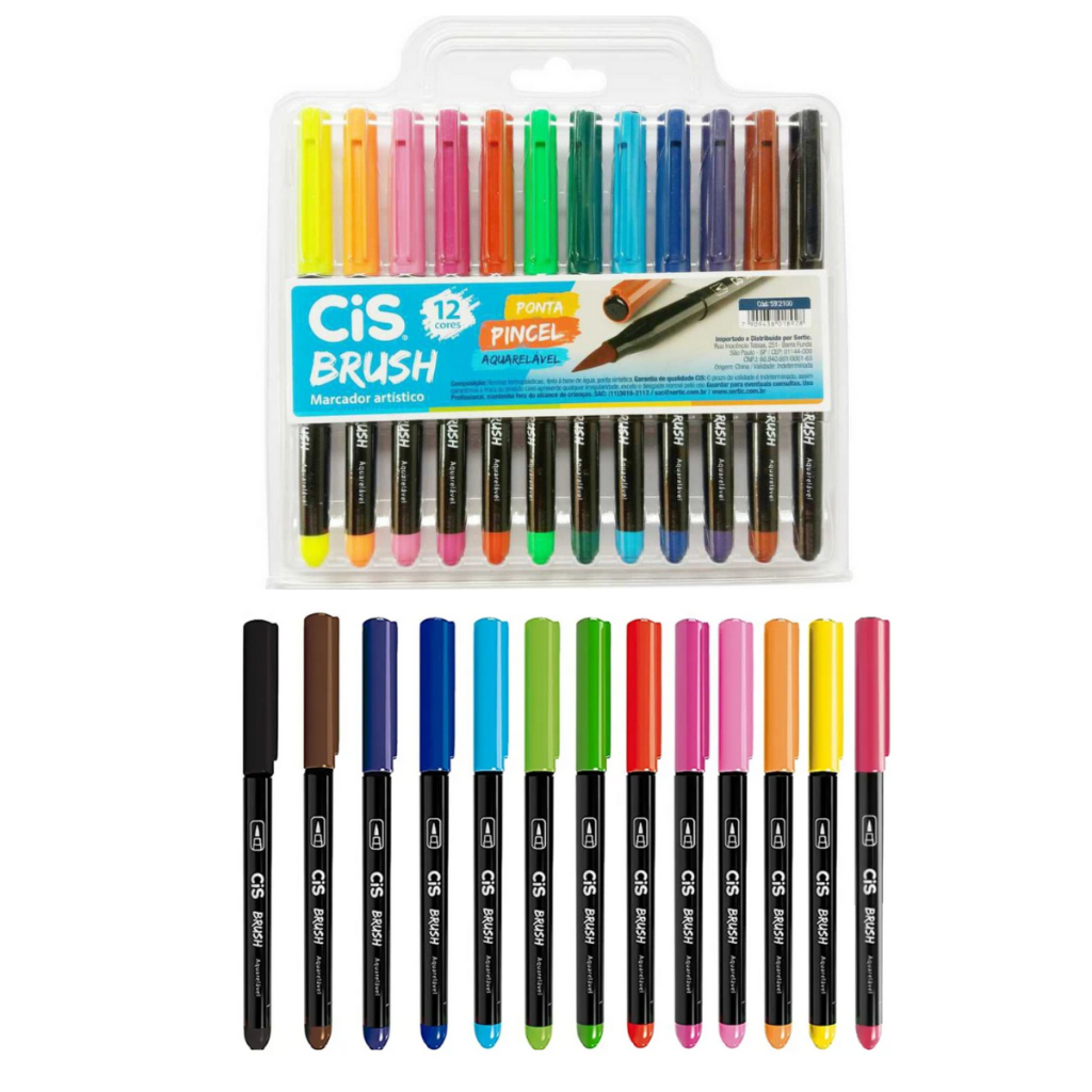 Caneta Cis Brush Pen Aquarelável Ponta Pincel 12 Cores