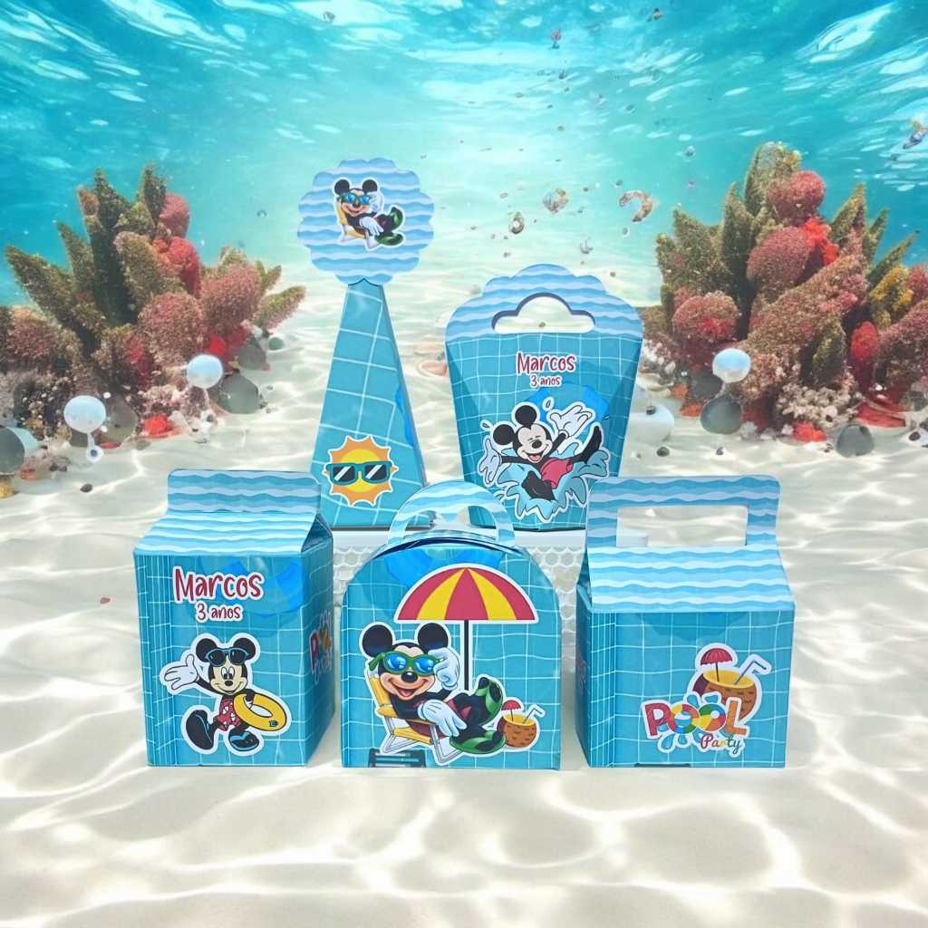 Kit Caixinhas Personalizadas Pool Party do Mickey Festa de Aniversário Lembrancinhas