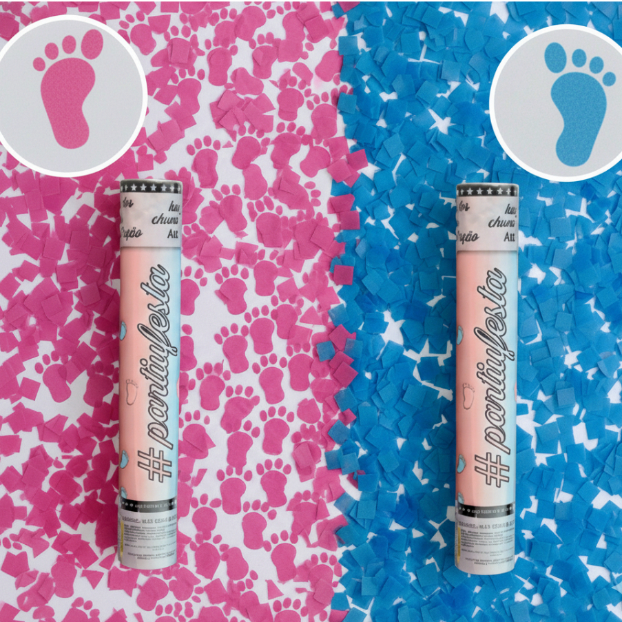 Kit Lança Confete Formato Pézinho Bebe Chá Revelação Menina Menino Rosa Azul Metalizado Festa Gestante Papel Picado