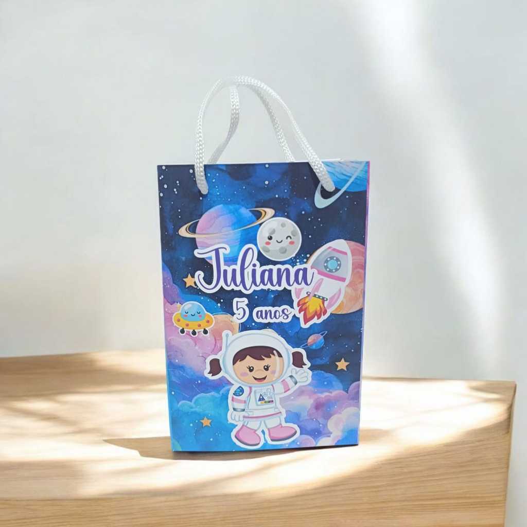 Sacolinha Personalizada com nome e idade 13x20 Astronauta Menina Festa Aniversário Lembrancinhas