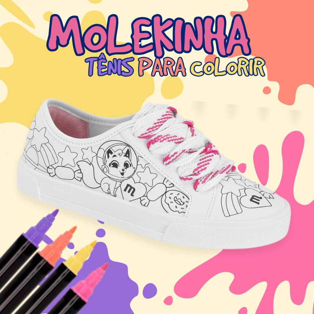 Tênis Para Colorir Molekinha Infantil Menina Casual Confortável Escolar Canetinhas em Oferta na Shopee