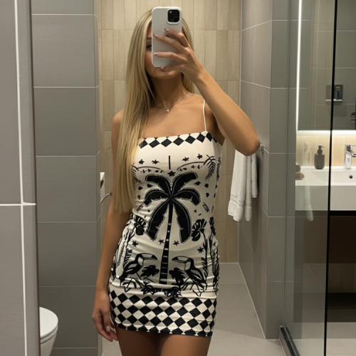 Vestido Curto Feminino Estampa Tropical Minimalista em Oferta na Shopee