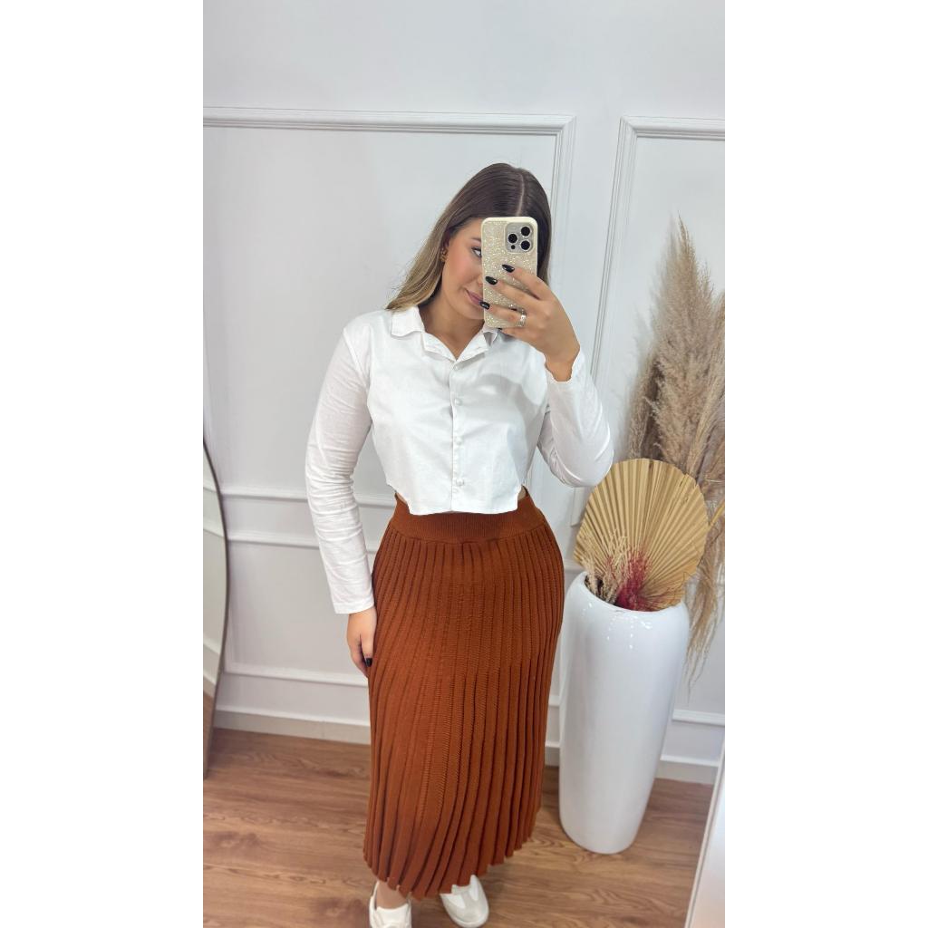 Saia Midi Tricot Plissada Rodada Moda Evangélica Premium Moda Feminina Tricô