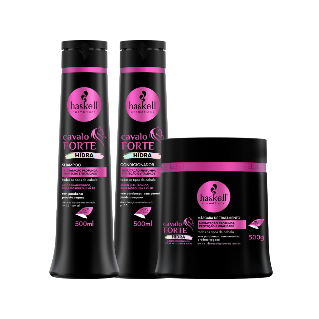 Cavalo Forte Hidra Shampoo 500ml + Cond 500ml + Mascara 500g Haskell Kit