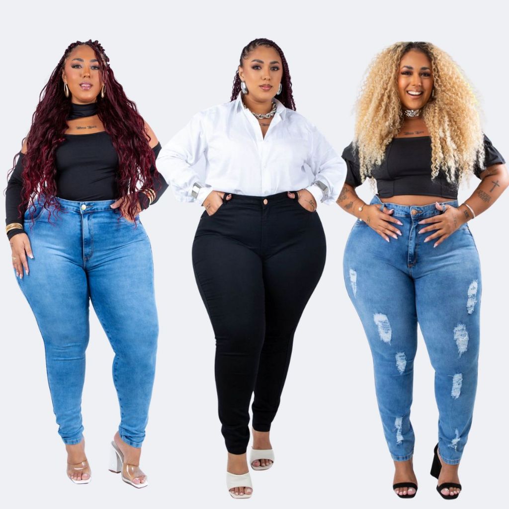 Calça Jeans Plus Size Skinny Cintura Alta Levanta Bumbum com Lycra em Oferta na Shopee