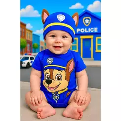 Body Patrulha Canina Menino Chase Body Bebê Mesversario Kit Body + Touca Patrulha Canina Fantasia Bebê Chase Menino
