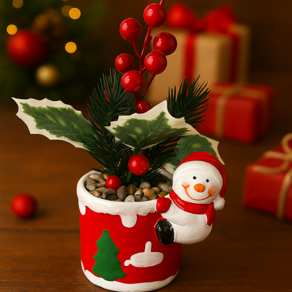 Enfeite Natalino com Flor Artificial, Papai Noel e Boneco de Neve – Vaso Decorativo em Porcelana