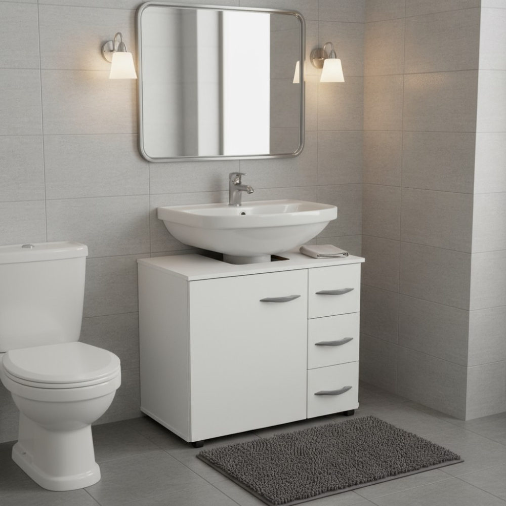 Organizador Gabinete Encaixe Pia 3 Gavetas Rodízios Banheiro Lavabo 60cm Portátil Branco MDF Balcão