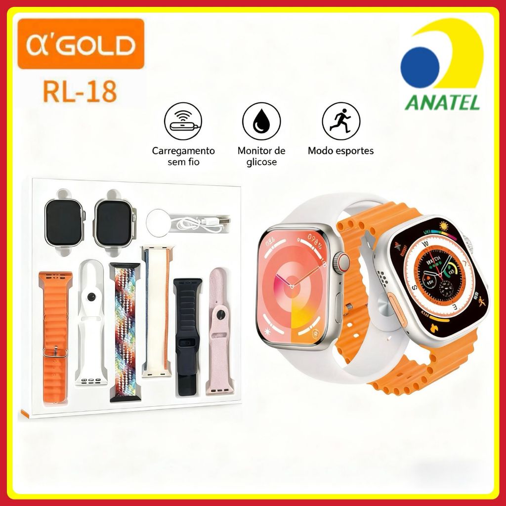 Kit SmartWatch com 2 Relógio Inteligente e 6 Pulseiras Monitoramento de Saúde Chamada Bluetooth original A’Gold em Oferta na Shopee