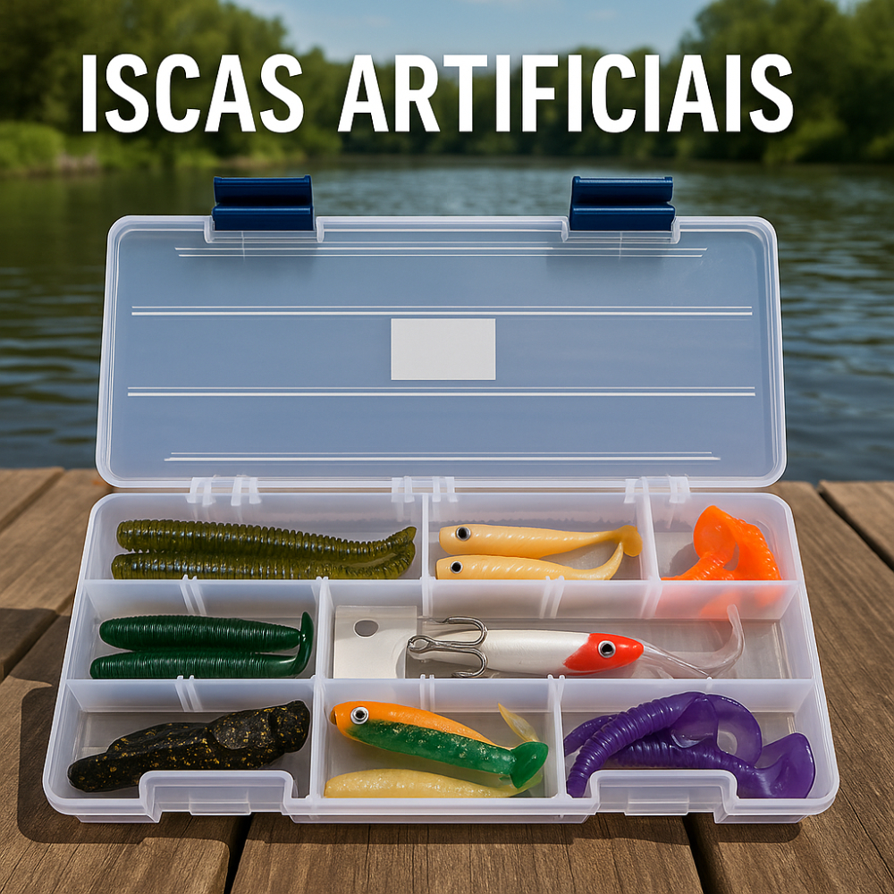 Kit pesca Iscas Artificiais Completo Caixa Organizadora com divisórias Tucunaré Traíra Iscas Soft Pronto Pescar