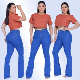 Calca Jeans feminina Modeladora Cintura Alta Flare Boca de Sino Elegante com Elastano em Oferta na Shopee
