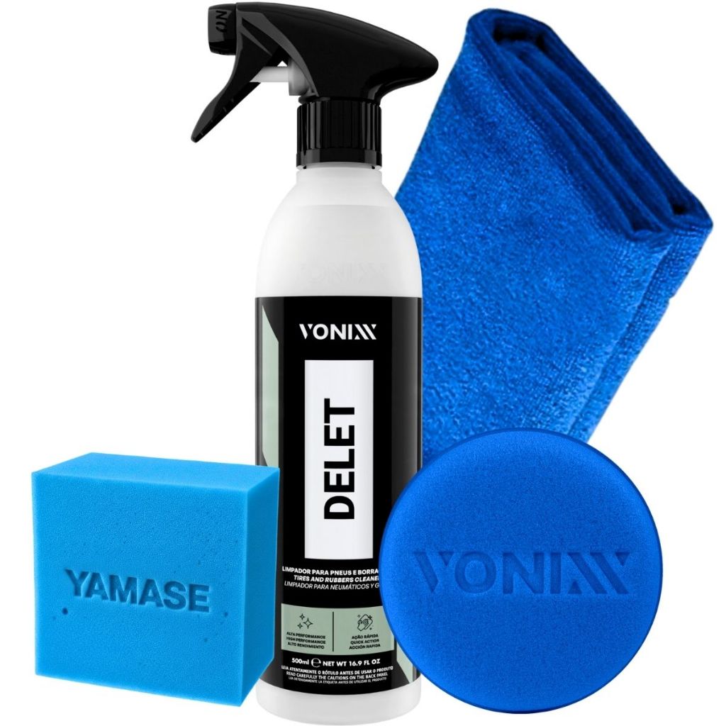 Kit Delet Spray 500ml Limpa Pneu Borracha Aplicador Vonixx Pano Microfibra