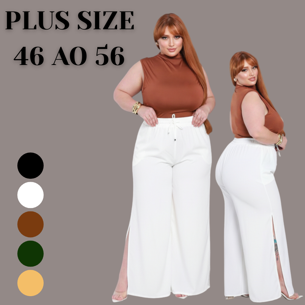 Wide Leg com Fenda Lateral Plus Size Cintura Alta Soltinha Casual Trabalho Dia a Dia Noite Social em Oferta na Shopee