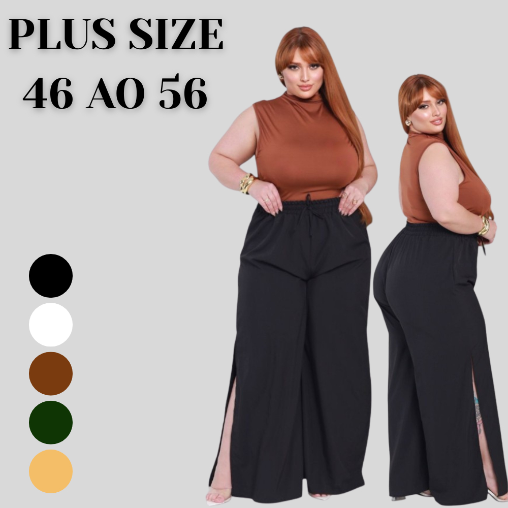 Calça Abertura Lateral Plus Size Moda Wide Legging Soltinha Crepe Liso Acinturado Social em Oferta na Shopee