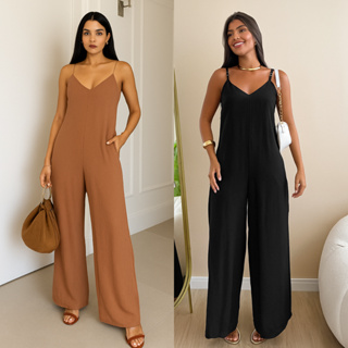 Macacão Feminino Pantalona Largo Alcinha Decote V P M G GG Tecido Duna Elegante Lançamento Moda Mulher Verão em Oferta na Shopee