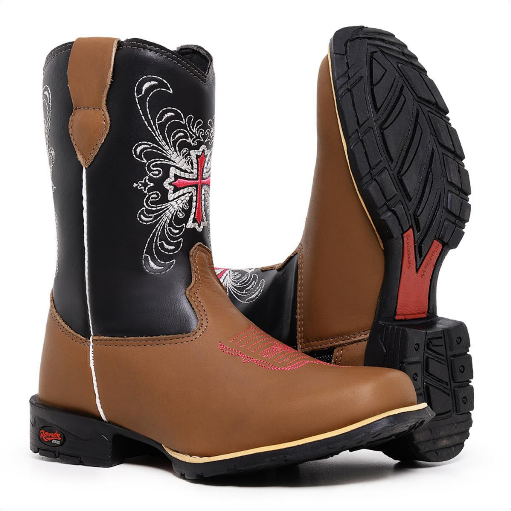 Bota Texana Infantil Feminina em Couro Legítimo Bordado Conforto Premium Com Ziper Macia