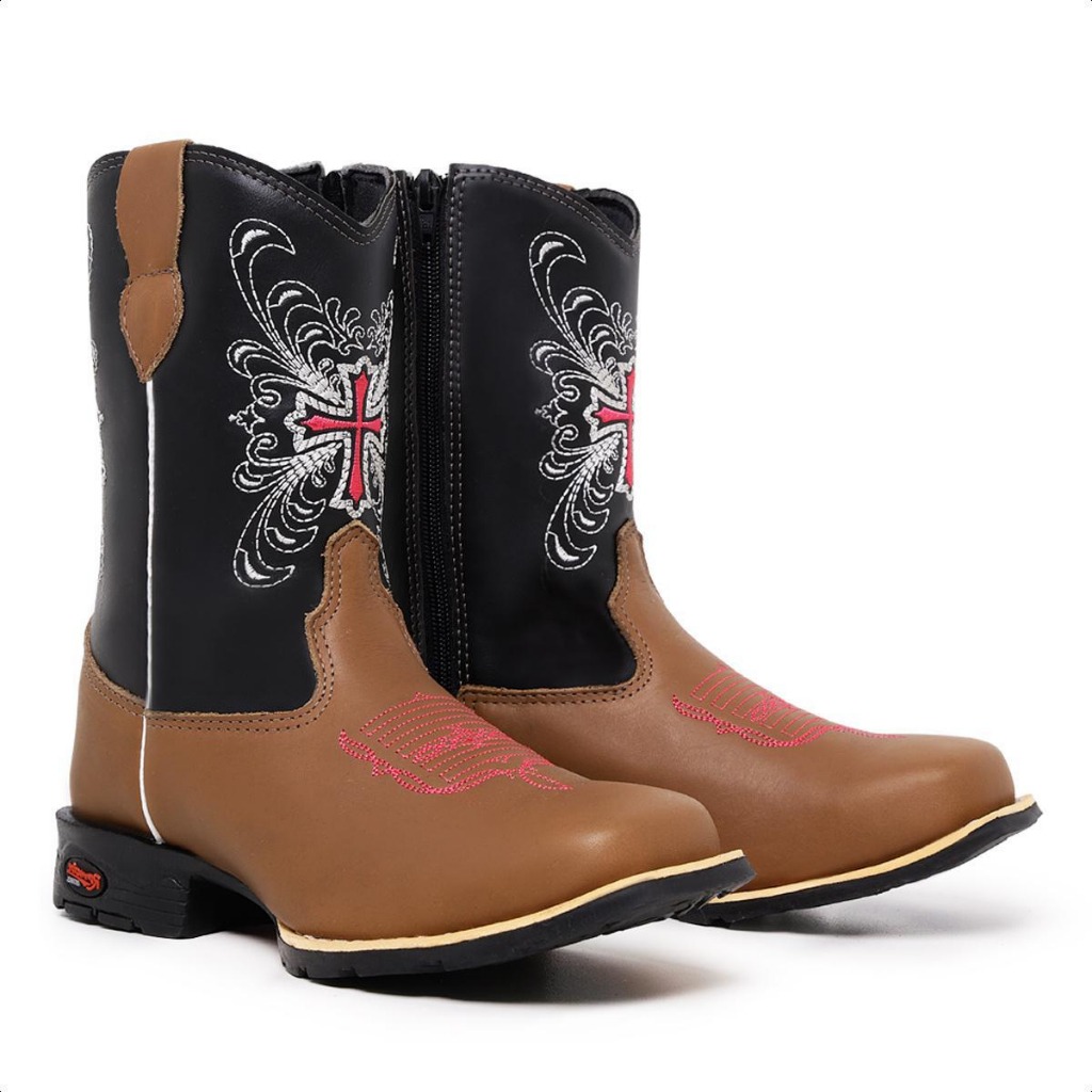 Texana Infantil em Couro Legítimo c/ Bordado de Cruz Estilo Country, Conforto Premium e Durabilidade