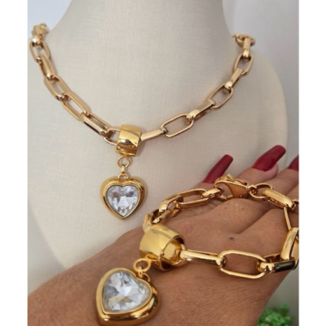KIT LUXO Colar Pulseira Elos Grossos Corrente Oval Coração Cristal Zircônia Banhado Ouro 18k Semijoia Tendência