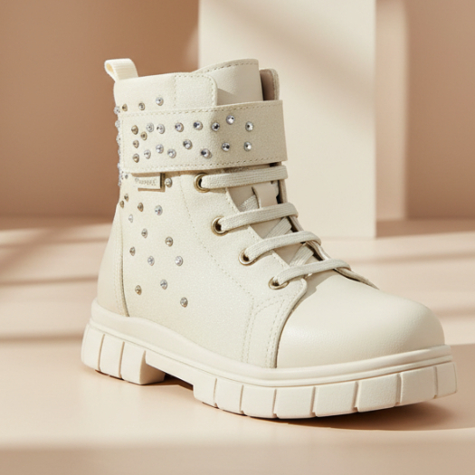 Bota Coturno Feminina Pampili Lucky Glitter Strass Bege Brilho  Mini Diva Blogueirinha