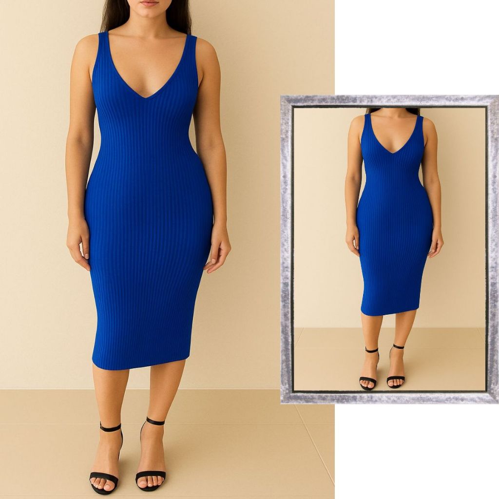 Vestido Midi Canelado casual Decote V Feminino Sexy Elegante em Oferta na Shopee