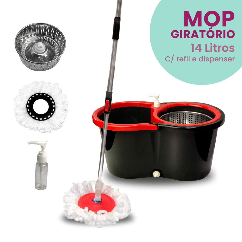 Mop Giratório Com cabo grande 140 cm -  Cesto Em Inox C/2 Refil e Dispenser Para Sabão - Kaftor