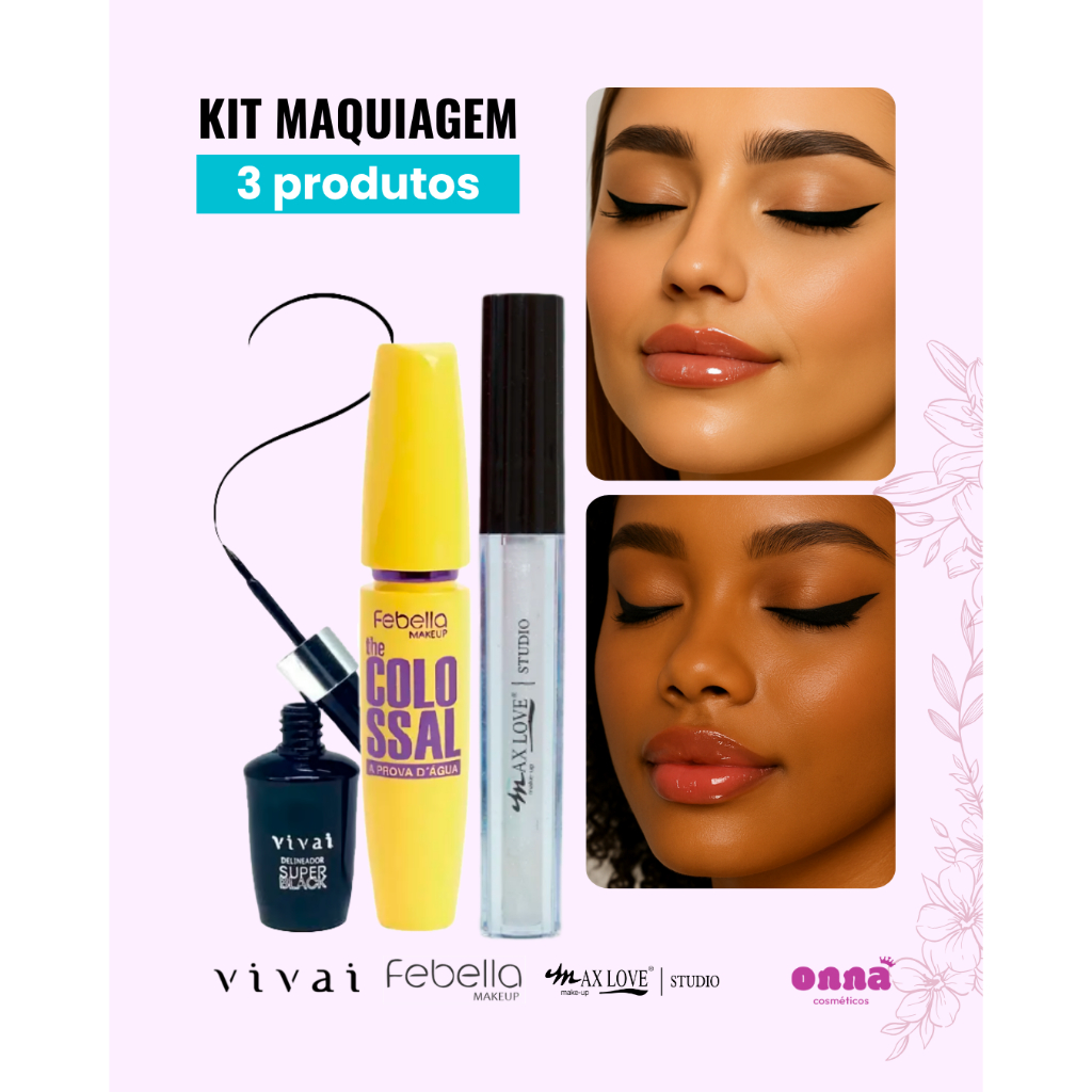 Kit Maquiagem Dia Dia Delineador Vivai Super Black + Máscara Febella Colossal +Gloss Volume Max Love