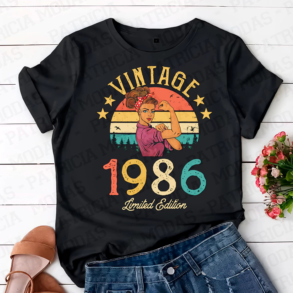 Camiseta T-shirt Unissex Algodão 1986 Mulher-Vintage Feminino Masculino