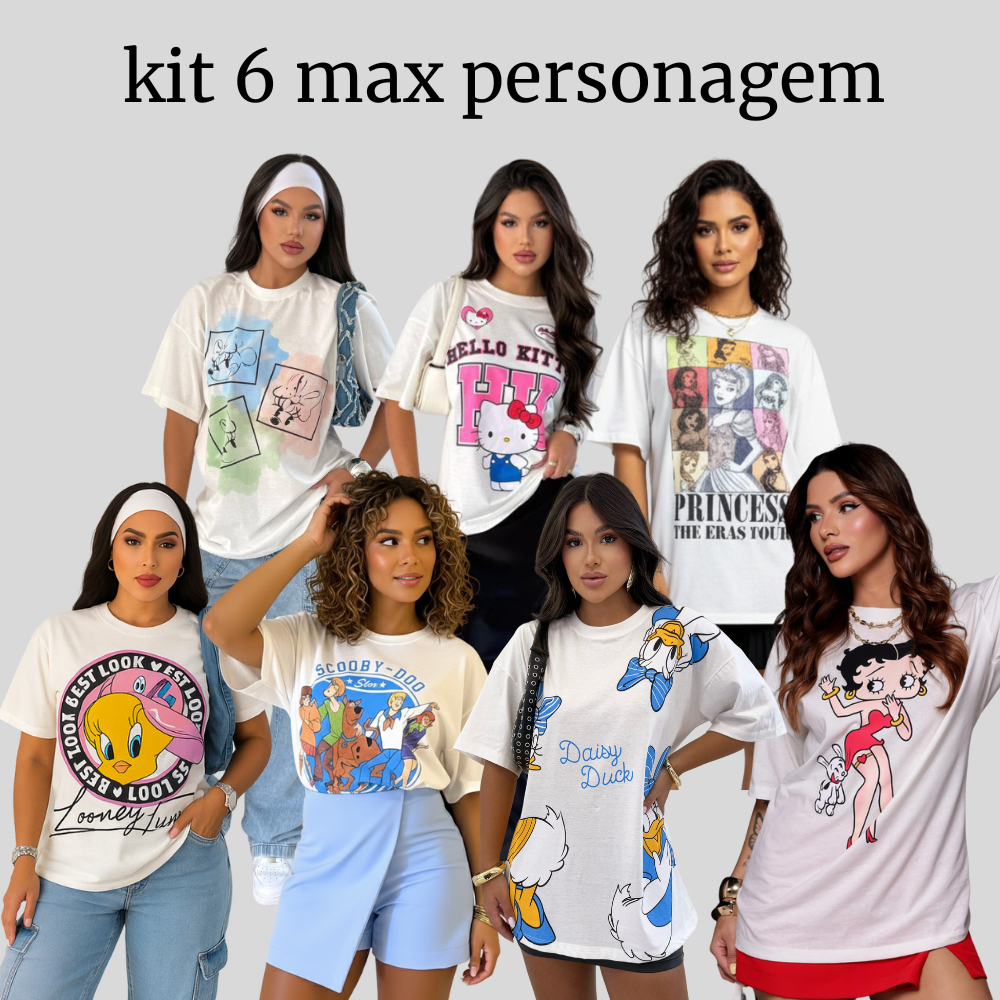 Kit 6 Blusas Max Femininas Personagens Sortidas – Conforto, Qualidade e Estilo em 100% Algodão em Oferta na Shopee