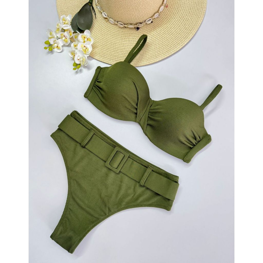 Biquíni Cintura Alta com Bojo Fixo e Alça Regulável Removível – Moda Praia Feminina Estilo Retrô – Cores Preto, Verde Me em Oferta na Shopee