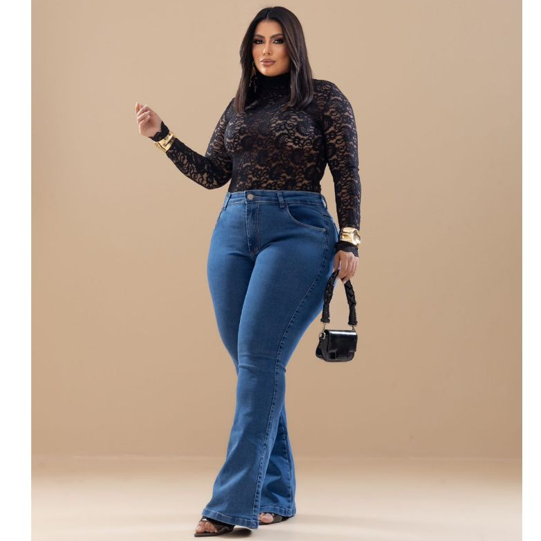 Calça Flare Jeans Feminina Azul Plus Size