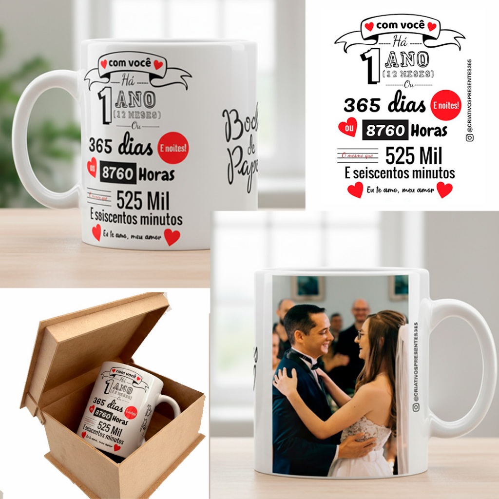 Caneca Personalizada Para Bodas de Papel - Caixa de Presente - Com Foto e Frase Um Ano de Casamento