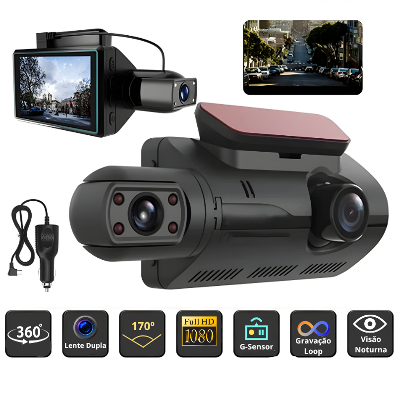 Câmera Dashcam Dash Cam De Lente Dupla Para Carros Black Box Full HD 1080P Gravador Automotivo