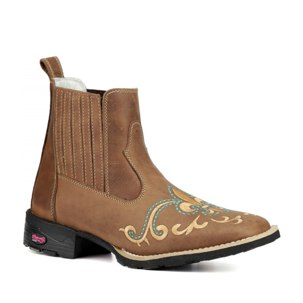Botina Texana Couro Legítimo Fóssil Bordado Flor Confort Solado Borracha Costurado Bico Quadrado em Oferta na Shopee