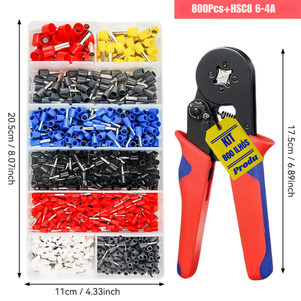 Kit Alicate Crimpador Prensa Terminal Tubular Ilhós 0.25 a 10mm² com 800 Peças Maleta