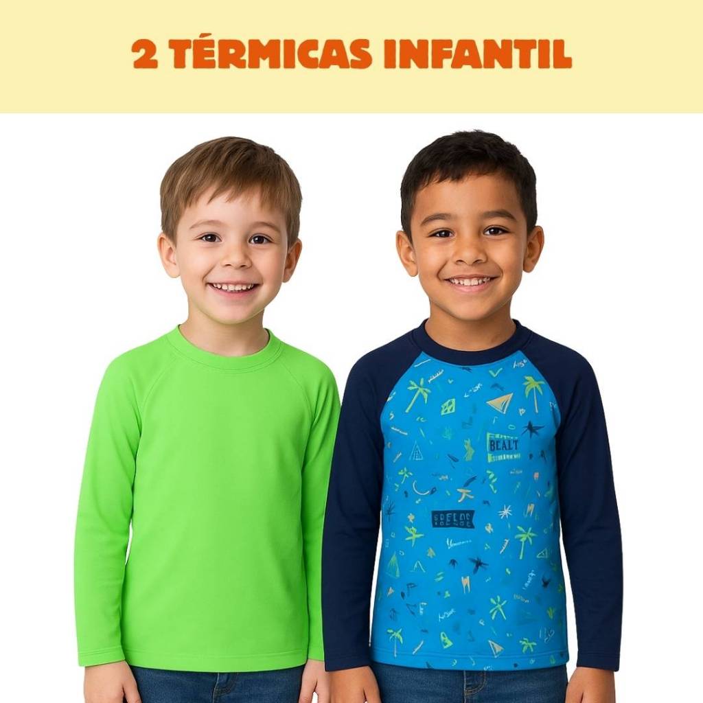 Kit 2 Camisetas Térmicas Infantil Unissex Menino e Menina Colorida- Lisa e Estampada