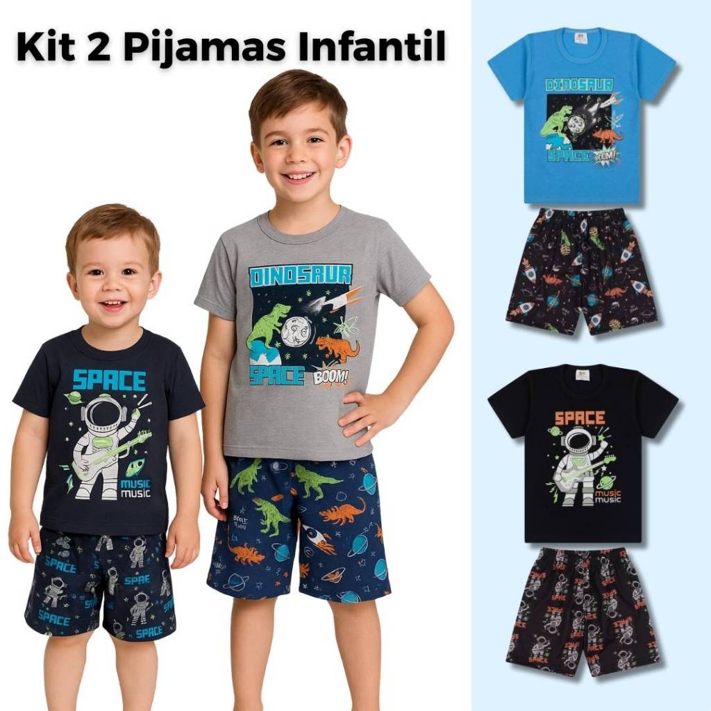 Kit 4 Peças Pijamas de Verão Infantil Menino Dinossauro e Astronauta - BRILHA NO ESCURO