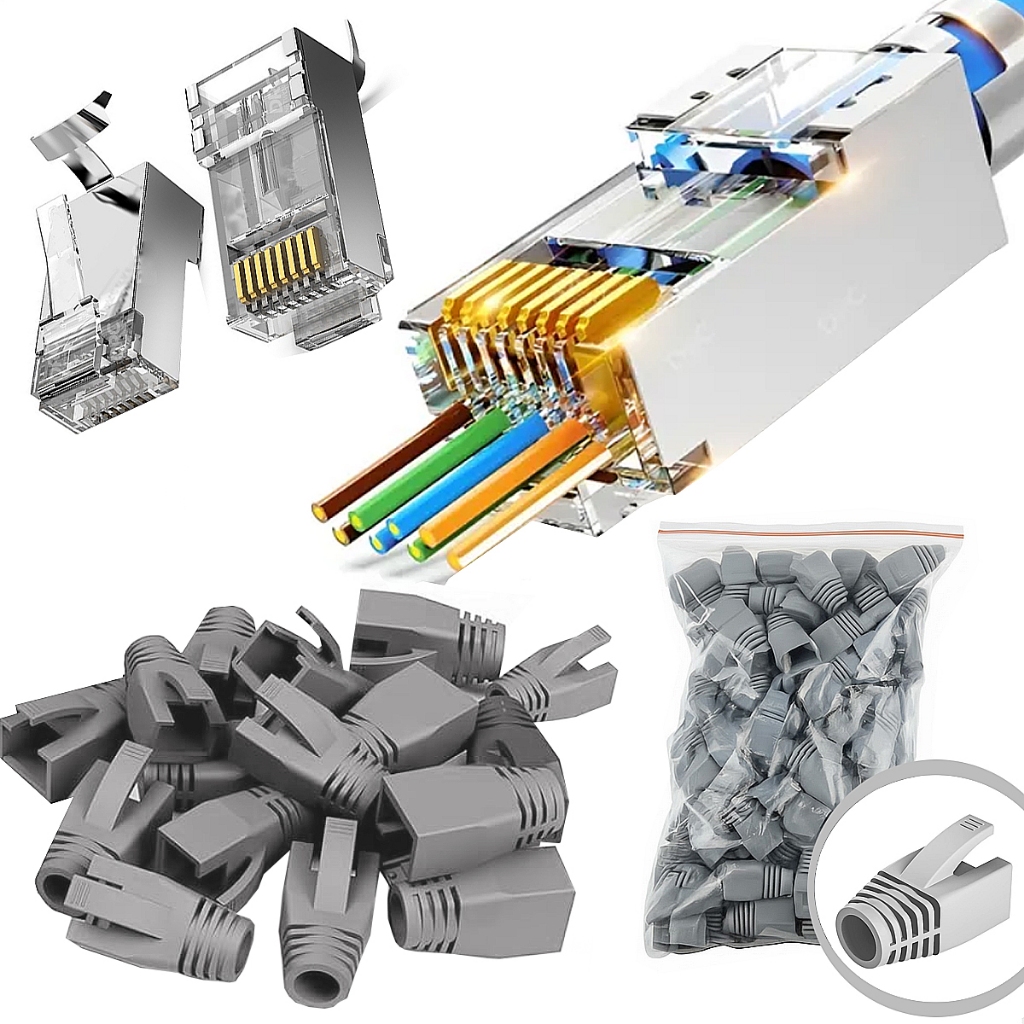 Conector Rj45 Blindado Vazado Cat6A Cat7 Ez-crimp Internet Rede LAN + Capas Silicones 10 20 30 PEÇAS