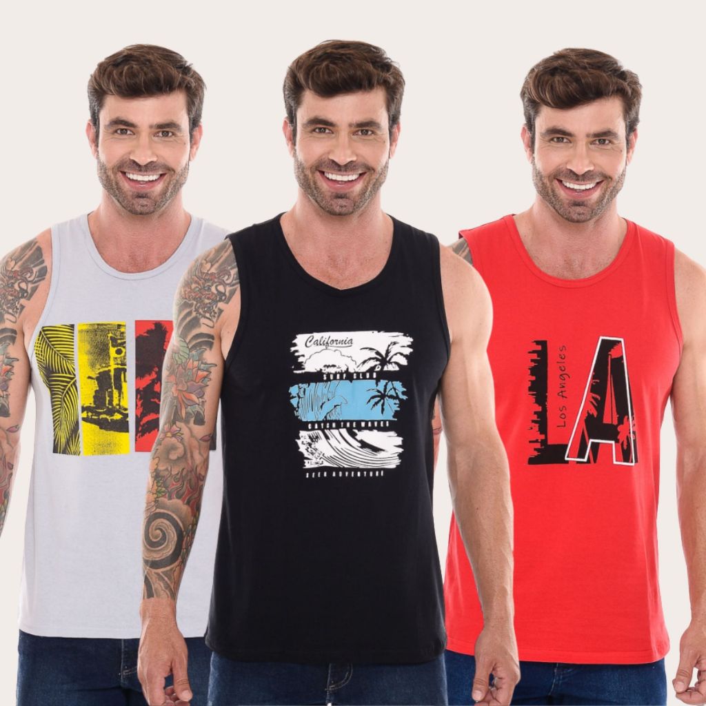 Kit 3 Regata Estampadas Algodão Premium Verão Ferias Promoção Camiseta Sem Manga Masculina em Oferta na Shopee